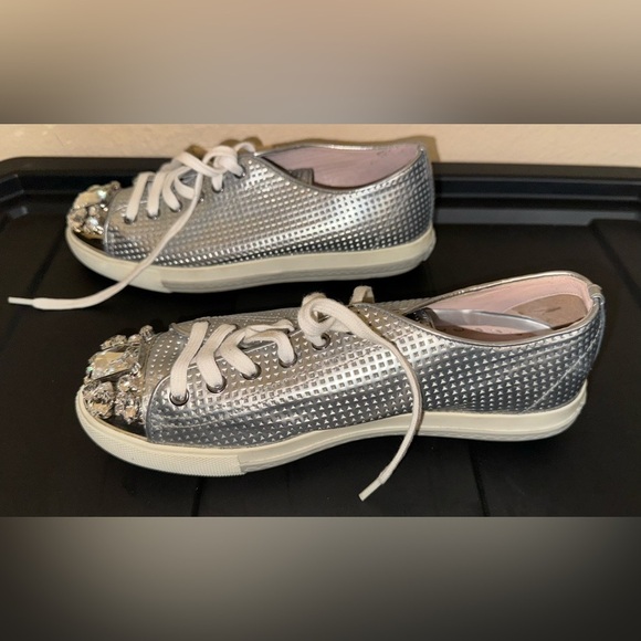 Miu Miu Swarovski crystal toe-cap sliver sneakers flats size 38.5 8.5 - Picture 7 of 8